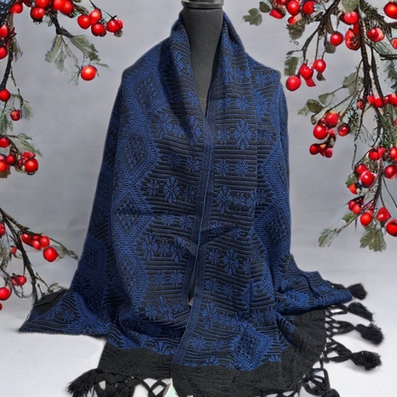 LAST ONE* Traditional Mexican Rebozo Shawl in Black & Blue – Semi-Thick Wrap NEW - Picture 1 of 15